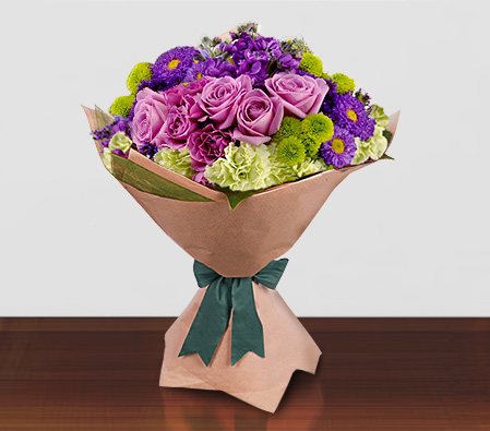 Glamour-Green,Mixed,Pink,Purple,Rose,Mixed Flower,Carnation,Bouquet