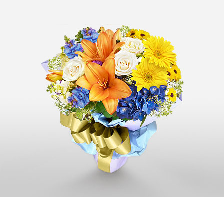 Dreamy Hues-Blue,Mixed,Orange,White,Yellow,Daisy,Gerbera,Iris,Lily,Mixed Flower,Rose,Bouquet