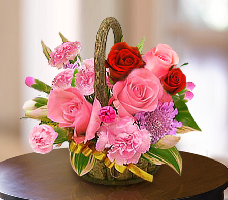 Valentines Surprise-Pink,Red,Rose,Carnation,Arrangement,Basket