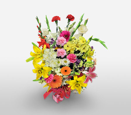 Elegance-Mixed,Orange,Pink,White,Yellow,Carnation,Daisy,Gerbera,Lily,Mixed Flower,Bouquet