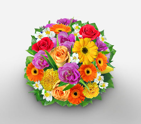 Spring Flowers-Mixed,Orange,Peach,Purple,Red,White,Yellow,Alstroemeria,Carnation,Daisy,Gerbera,Lily,Mixed Flower,Rose,Bouquet