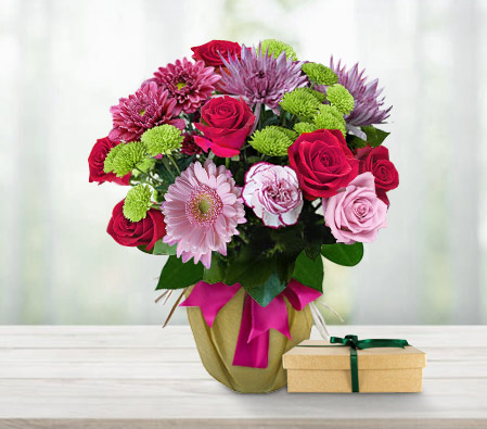 Tender Elegance-Green,Mixed,Pink,Red,Rose,Mixed Flower,Gerbera,Daisy,Chrysanthemum,Chocolate,Carnation,Bouquet