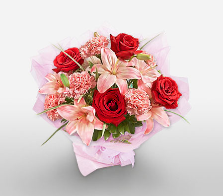 Splendid - Mixed Flowers Bouquet-Mixed,Pink,Red,Carnation,Lily,Mixed Flower,Rose,Bouquet