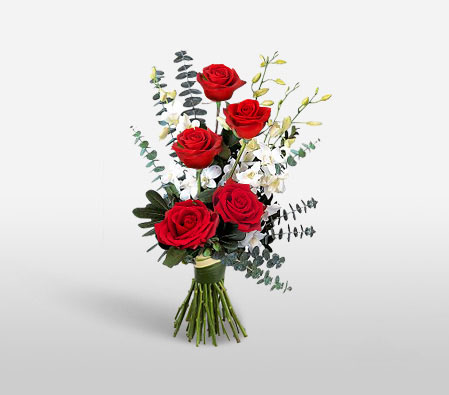 Blooming Halcyon - 5 Red Roses-Red,White,Orchid,Rose,Bouquet