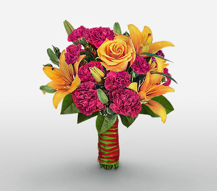 Enchanted - Mixed Flowers Bouquet-Mixed,Orange,Pink,Red,Carnation,Lily,Mixed Flower,Rose,Bouquet