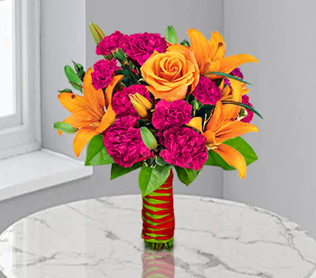 Bella Flowers-Mixed,Orange,Pink,Red,Carnation,Lily,Mixed Flower,Rose,Bouquet
