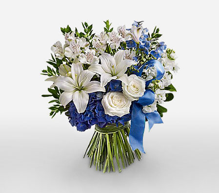 Blue Waves - Fresh White Flowers-Blue,White,Alstroemeria,Lily,Mixed Flower,Rose,Bouquet
