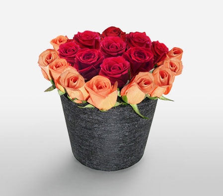 Crimson Sunset - 18 Mixed Roses in Vase-Mixed,Red,Rose,Arrangement