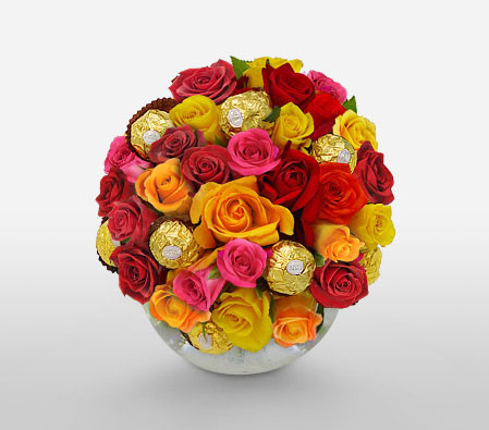 Multi Colored Roses With Ferrero-Mixed,Pink,Red,Yellow,Chocolate,Rose,Arrangement