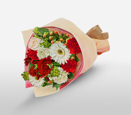 Clutched Bouquet-Red,White,Carnation,Daisy,Gerbera,Rose,Bouquet