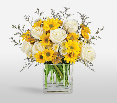 Sunshine Fields-Mixed,White,Yellow,Daisy,Mixed Flower,Rose,Arrangement