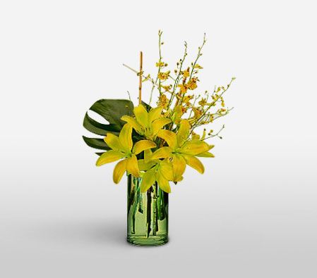 Blooming Lillies And Orchids-Yellow,Lily,Orchid,Arrangement