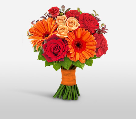 Prismatic Glow-Mixed,Orange,Red,Carnation,Gerbera,Mixed Flower,Rose,Bouquet