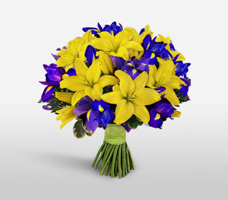 Blue Waters-Blue,Yellow,Iris,Lily,Bouquet