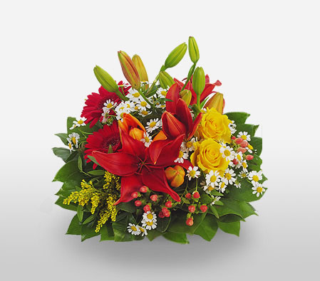 Spring Affair of Mixed Flowers-Green,Mixed,Orange,Red,Yellow,Gerbera,Lily,Mixed Flower,Rose,Arrangement