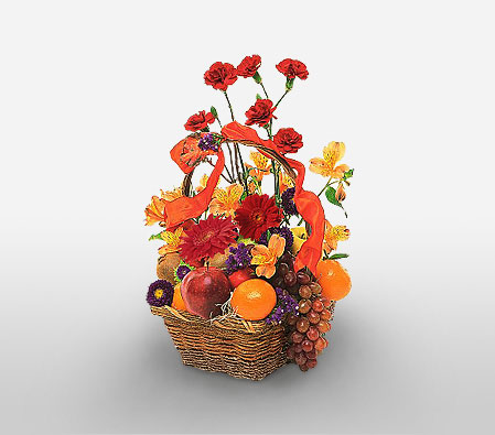 Fruits And Flowers Gift Basket-Mixed,Alstroemeria,Carnation,Fruit,Gerbera,Mixed Flower,Arrangement,Hamper