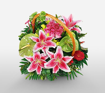 Ermou Extravagance-Green,Mixed,Pink,Red,Anthuriums,Lily,Mixed Flower,Rose,Arrangement
