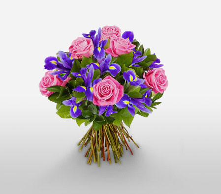 Greek Majesty-Blue,Pink,Purple,Iris,Mixed Flower,Rose,Bouquet