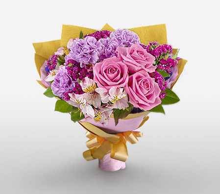 Carnegie - Mixed Flowers Bouquet-Pink,Purple,Alstroemeria,Carnation,Mixed Flower,Orchid,Rose,Bouquet