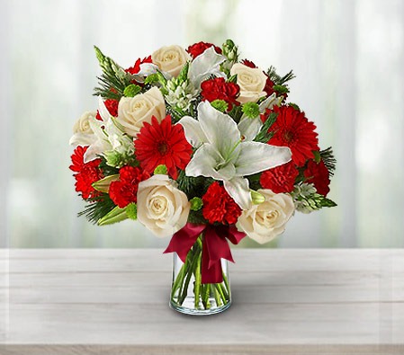 Festive Holiday Arrangement-Red,White,Carnation,Daisy,Gerbera,Lily,Rose,Arrangement