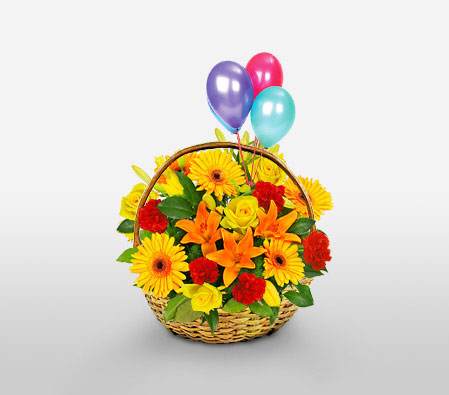 Happy Thoughts-Orange,Red,Yellow,Mixed Flower,Lily,Gerbera,Daisy,Carnation,Balloons,Rose,Basket