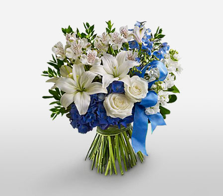 Cool Water-Blue,White,Alstroemeria,Lily,Orchid,Rose,Bouquet