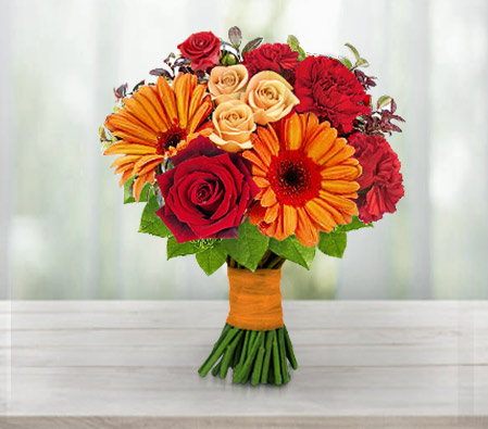 Twilight Zone-Orange,Red,Carnation,Daisy,Gerbera,Rose,Bouquet