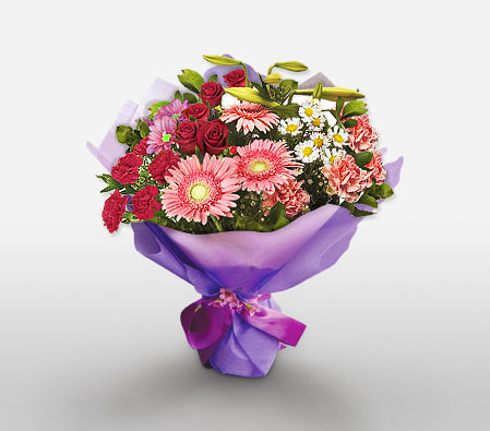Exotica-Mixed,Pink,Red,White,Carnation,Chrysanthemum,Daisy,Gerbera,Lily,Mixed Flower,Rose,Bouquet