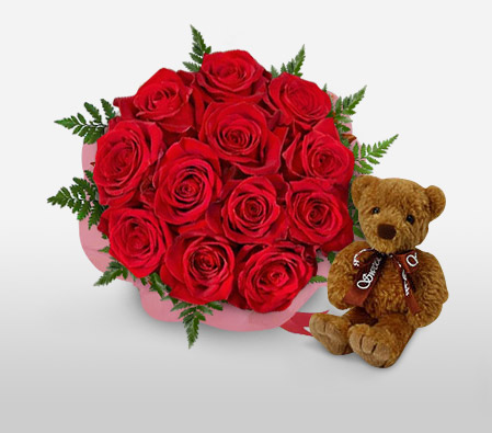 Loving Cuddles-Red,Rose,Teddy,Bouquet