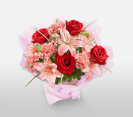 MUMbelievable-Pink,Red,Carnation,Lily,Rose,Bouquet