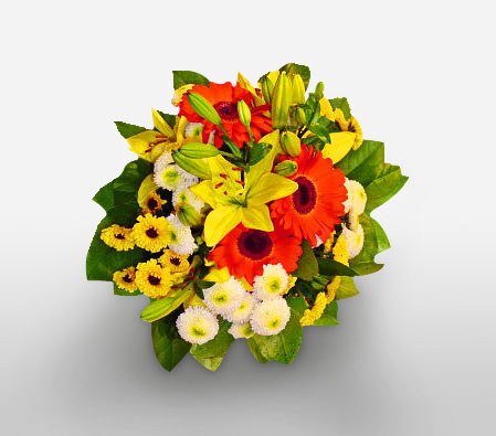 Sunbeam-Mixed,Orange,White,Yellow,Chrysanthemum,Daisy,Gerbera,Lily,Mixed Flower,Bouquet