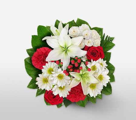 Exotic Splendor-Red,White,Carnation,Lily,Rose,Bouquet