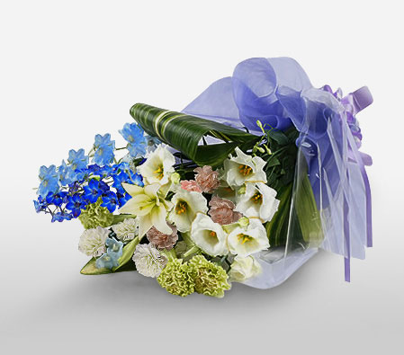 Debonair Selection-Blue,White,Carnation,Chrysanthemum,Lily,Basket