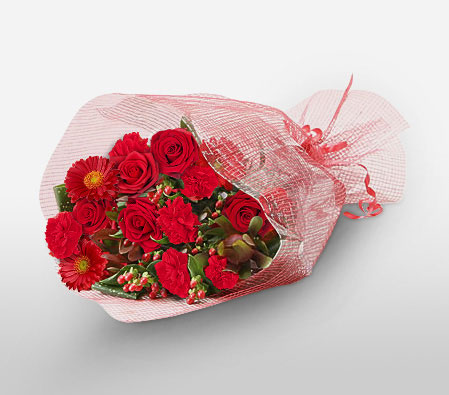Amai Dezaia - Mixed Red Flowers-Red,Rose,Gerbera,Daisy,Carnation,Bouquet