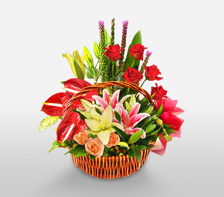 Imperial Majesty-Mixed,Peach,Pink,Red,Anthuriums,Lily,Mixed Flower,Rose,Arrangement