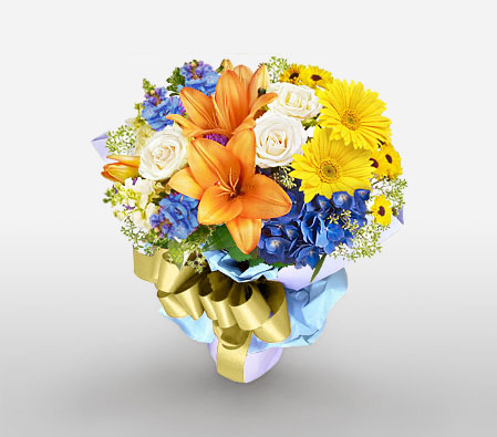 Colors Of Passion-Blue,Mixed,Orange,White,Yellow,Rose,Mixed Flower,Lily,Iris,Gerbera,Daisy,Bouquet