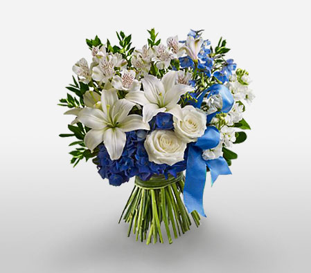 White Mixed Flower Bouquet-Blue,White,Alstroemeria,Lily,Orchid,Rose,Bouquet