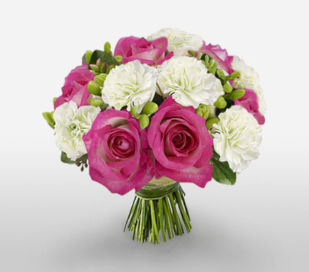 Swiss Roses N Carnations-Pink,White,Carnation,Rose,Bouquet
