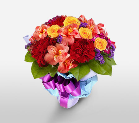 Haute Fashion-Mixed,Orange,Purple,Red,Yellow,Alstroemeria,Carnation,Mixed Flower,Rose,Bouquet